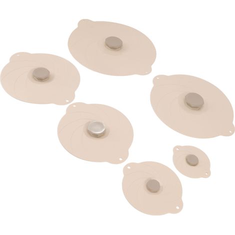 Lot de 6 couvercles alimentaires en silicone résistant à la chaleur, étanches et à ventouse, pour casseroles, poêles et bols. Couleur beige. (1/5)
