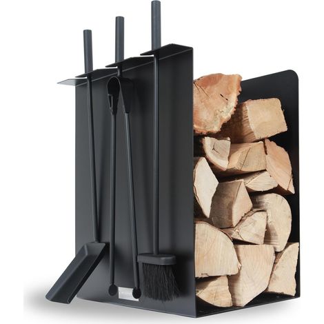 Le Marquier – Serviteur de cheminée en acier peint noir – Équipé de 3 ustensiles H60 cm – Taille max bûches 50 cm – Range-bûches L29 P40 cm