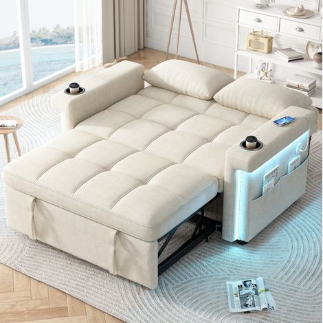 Sofá cama 2 plazas convertible en tela beige con LED, puertos USB y Type-C, respaldo ajustable, cojines, portabebidas y bolsillo lateral para salón – CHICFURN (1/5)