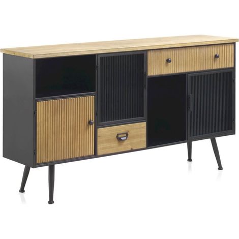 buffet métal noir et bois design portes verre ondulé - noir et bois naturel clair (1/5)