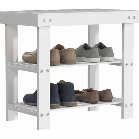 HOMCOM banco zapatero de bambú zapatero con asiento organizador de zapatos 2 estantes para 4 pares zapatos para entrada 50x28x45 cm blanco (1/5)