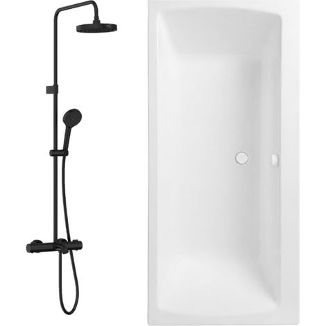 Bañera derecha de 180x80 cm con patas, VITRA blanco neón + desagüe WIRQUIN blanco + columna de ducha termostática negra mate (1/4)