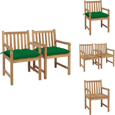 Gartenstühle 2 Stk. mit Grünen Kissen Massivholz Teak - Gartenstühle - Teakholz Gartenmöbel - Outdoor Möbel - Gartendeko - Lounge Sessel (1/5)