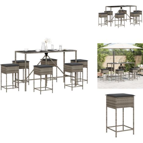 7-tlg. Gartenbar-Set mit Kissen Grau Poly Rattan - Gartensets - Gartenmöbel - Esstisch - Barhocker - Outdoor Furniture (1/5)