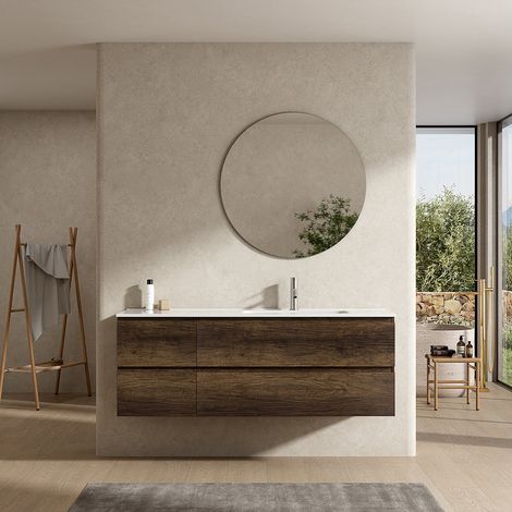 Mobile bagno sospeso 140 cm Bruno Scuro Lavabo a Destra in Resina Specchio Tondo - Fiji Wood (1/4)