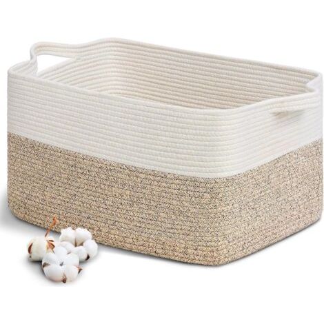 QORVA-Grand panier à linge en coton tressé avec anse, 48 x 34 cm, panier pliable en corde de coton pour ranger vêtements, jouets, buanderie, salon, chambre et salle de bain