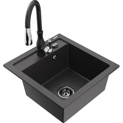 Mexen Vito fregadero de granito de 1 seno con grifo de cocina Savita, negro moteado - 6503-76-672601-70-B