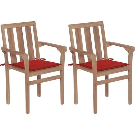 Gartenstühle 2 Stk. mit Roten Kissen Teak Massivholz