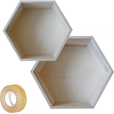 2 étagères hexagonales bois 27 x 23,5 cm et 30 x 26,5 cm + masking tape doré à paillettes 5 m