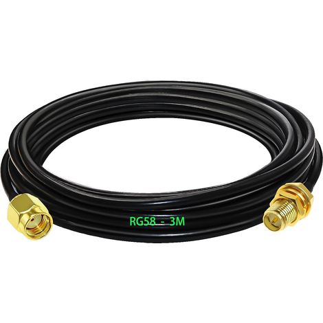 Adaptateur RP SMA Mâle - Femelle, RG58 Câble Coaxial 3m, Rallonge Antenne WLAN 3 Mètres, Câble d'Extension pour Antenne RP SMA Male/Femelle (50 Ohm)