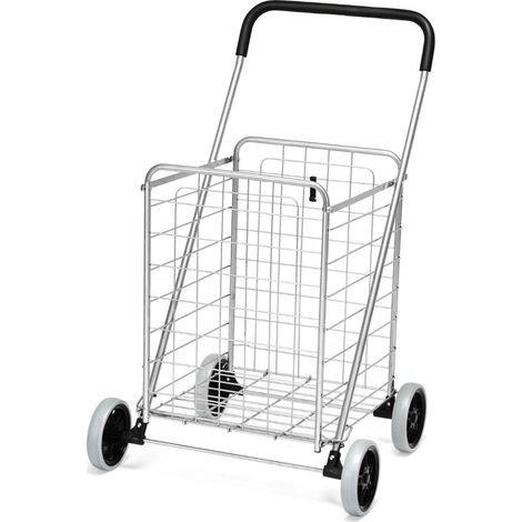 Chariot de courses pliable métal argent 4 roues panier grand volume 39×42×52cm, charge maximale 45kg poignée ergonomique mousse pour supermarché jardin buanderie camping (1/5)
