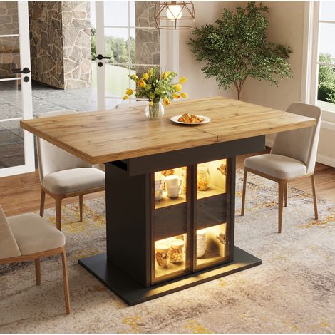 Mesa de comedor extensible 110/140x80x77,9 cm negra con almacenaje, LED RGB y cajones (1/5)