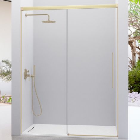 KASSANDRA PAVÍA Mampara Frontal Ducha Fijo + Puerta Corredera Oro Cepillado Transparente - Medida: 179-182 cm - ref: AI1023616S200179 (1/2)