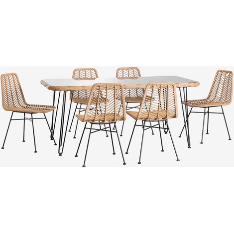 Set Tavolo Rettangolare in Vimini Sintetico (180x90 cm) Leribert e 6 Sedie da Pranzo in Rattan Sintetico Natural Gouda SKLUM
