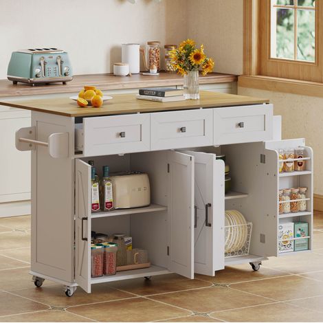 Isola cucina pieghevole 140x43(70)x90.5 cm, 4 porte, 3 cassetti, ripiani laterali, MDF, bianco naturale (1/5)