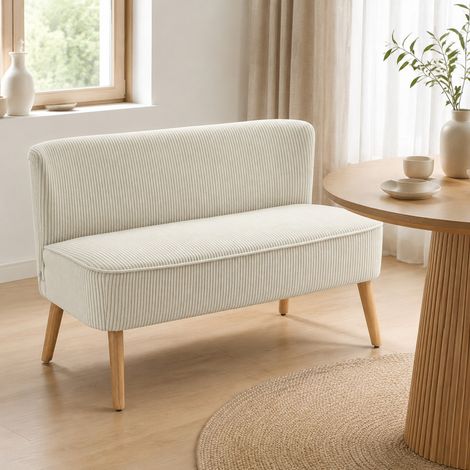 Sofá 2 plazas sin reposabrazos, efecto terciopelo acanalado, patas de madera, crema DESVIAE (1/5)