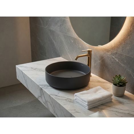 Lavabo tondo da appoggio senza troppo pieno in ceramica senza foro rubinetto - Antracite Opaco