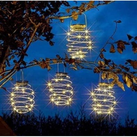 Lanternes solaires à LED - Lot de 4 lampes solaires de jardin en spirale, lampes suspendues étanches pour extérieur, terrasse, porche (1/5)