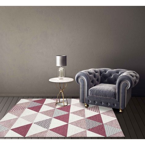 Tappeto Arredo Moderno Morbido in Ciniglia Ingresso Antiscivolo Prodotto Italiano Soggiorno Camera Salotto Disegni Piazzati Cotone Varie Misure Grande Triangoli Prugna - 140x200Cm (1/5)