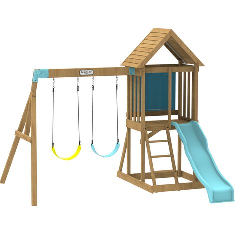 Teamson Kids Panama Wooden Swing Set with Slide, Chalkboard, Sandpit and Swings – Large Outdoor Wooden Garden Playset for Active Children’s Play (1/5)