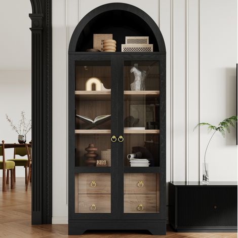 Credenza alta con ripiani e cassetti regolabili, soluzione contenitiva per soggiorno/cucina, in MDF e vetro, 76,2 x 40,1 x 180 cm, nera (1/5)