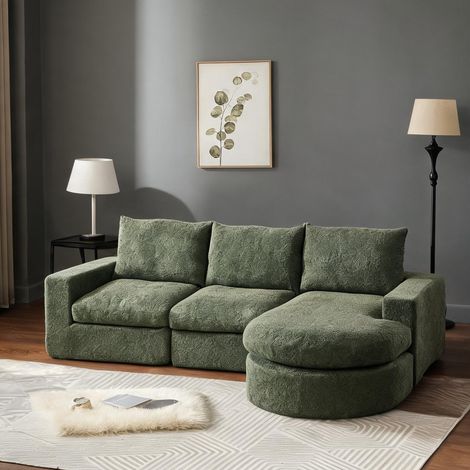 Canapé modulable d'angle en chenille vert avec méridienne (1/5)