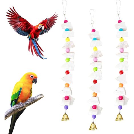 3 PCS Bird Chew Toys, Bird Chewing Toys with Calcium Cuttlebone Parrot Beak Chewing Toy with Bell Grinding Stone Cage Accessories for Parakeets Budgies Cockatiels Lovebirds Small to Medium Birds (1/5)