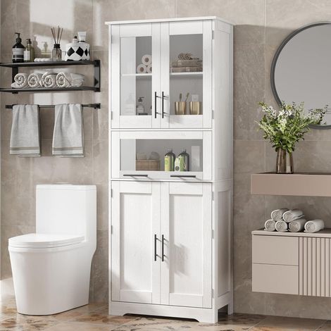 Badschrank Hochschrank Weiß mit Glastüren, 5 Etagen, 4 Türen, 67x30x170cm (1/5)