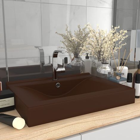 Lavabo avec trou de robinet Marron foncé mat 60x46 cm Céramique (1/5)