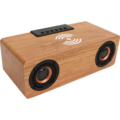Réveil en bois avec haut-parleur Bluetooth, radio FM et chargeur de téléphone sans fil, idéal pour la chambre à coucher. (1/5)