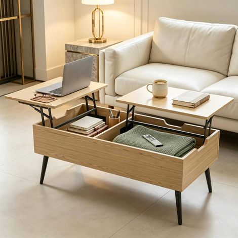 Table basse relevable 100x50x58 cm en panneaux de bois noir, gain de place pour salon FloraGrace (1/5)