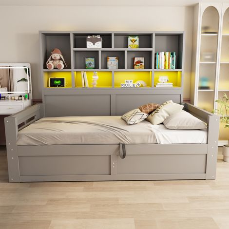 MODFU – Canapé lit 90x200 cm MDF blanc – Tête de lit à étagères – Rangement hydraulique et 2 tiroirs – LED et prises – Gris (1/5)
