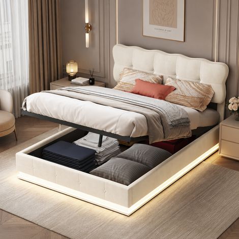 Lit coffre 140×200 cm,rangement hydraulique,lit double capitonné avec lumière LED,cadre de lit 140×200,tête de lit réglable,style moderne,sommier à lattes,lit adulte,lit ados,Velours,Beige (1/5)