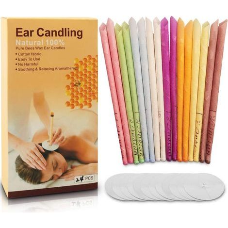Set di 24 candele auricolari in cera d'api naturale, tappi cavi per la rimozione del cerume, atossici e profumati, con 12 dischetti protettivi per le orecchie. (1/5)