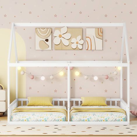 Lit 2-en-1 - Barrières - 2x90x200 cm - Lits Jumeaux Barrière Centrale, Design Maison - pin massif, Pin massif - Blanc (1/5)