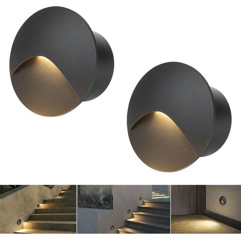 Applique murale 4 LED Blanc chaud 3000K Aluminium Lumière d'escalier 230V Rond Spot encastré 3W IP44 Etanche Intérieur Extérieur Noir Lumière de marche, avec boîte d'encastrement (1/5)