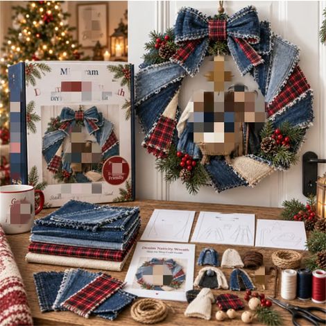 Cute, practical, innovative, portable Christmas Wreath DIY Kit - Denim Wreath DIY Set - Christmas Scene -