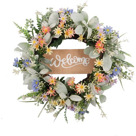 Dekorativer Türkranz aus Holz mit Hasenohrenblättern und Chrysanthemen (ohne Beleuchtung) - Frühlingshafte Türdekoration - Willkommenskranz aus Holz mit künstlichen Hasenohrenblättern, Lavendel und Gä (1/2)