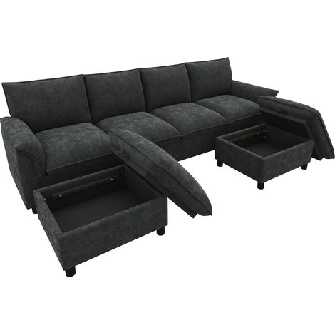 Modulares U-Sofa aus schwarzem Chenille mit 2 Hockern und hoher Rückenlehne 264,5 x 142,5 x 84 cm (1/5)