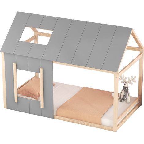 Cama infantil en forma de casa, con techo y ventana, estructura de madera y MDF, estilo moderno para dormitorio, ideal para crear un rincón de juego y descanso, 90x200 cm CHICFURN (1/5)