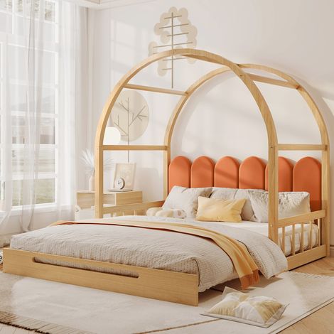 Letto a soppalco allungabile con tetto ad arco, cuscini in velluto, struttura in legno di pino, naturale+arancione 140 x 100 cm/140 x 200 cm (1/5)