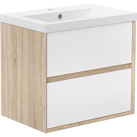 OCEAN Ensemble Meuble de salle de Bain 60cm avec Vasque, Suspendu, 2 Tiroirs, Blanc + Chêne (1/5)