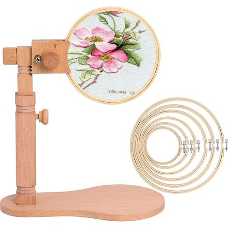 Support pour Point de Croix en Bois avec Tambour à Broder de Tailles Différentes, Support de Broderie pour Table en Bois Réglable Haut et Angle, Outils de Couture Réglables par Poweka (1/5)