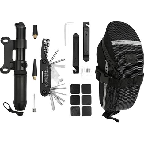 Kit de réparation de vélo multifonctionnel, ensemble d'outils avec sac de rangement, clés portables, rustines, accessoires indispensables pour le cyclisme (1/3)