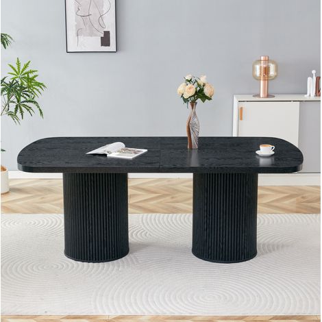 Mesa de comedor ovalada (180x90x76 cm), para 6 a 8 personas, base cilíndrica acanalada, MDF negro (1/5)