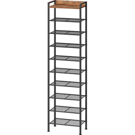 Étagère à Chaussures à 10 Niveaux, Porte-Chaussures avec Tablettes Démontables, Étagère de Rangement, Présentoir Étroit, pour Entrée, Hall, Salon, Marron Rustique et Noir (1/5)