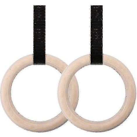 2 anneaux de gymnastique en bois avec sangles en nylon réglables de 3 cm