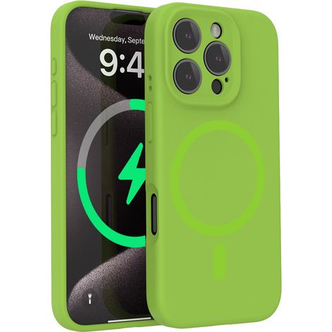 (Jaune-vert, iPhone 16) Coque pour iPhone, silicone liquide, protection de l'objectif, fixation magnétique puissante.