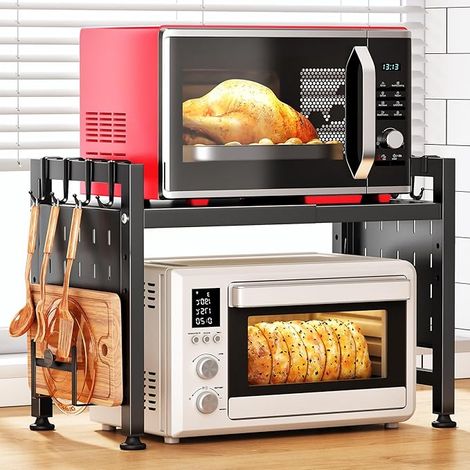 SAYZH Etagere Micro Onde Extensible - Largeur Réglable 40-70 cm - Hauteur 3 Niveaux Ajustable - avec Support Planche à Découper, Porte-Torchons et 10 Crochets - Rangement 2 Niveaux pour Cuisine (1/5)