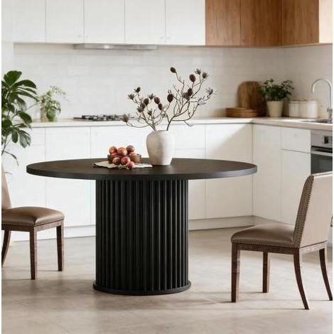 Table de salle à manger ronde 120/75 cm noire en MDF avec base métal, design élégant (1/5)